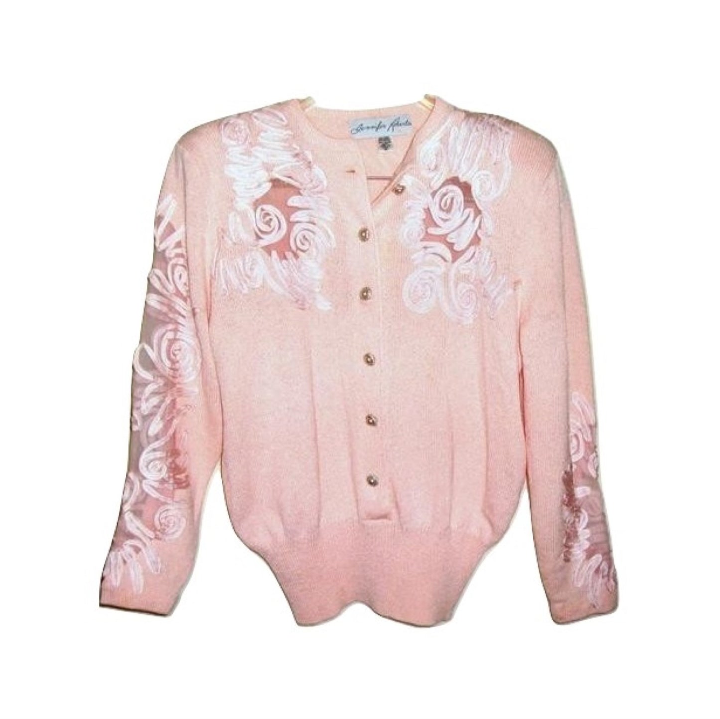 Vintage JENNIFER ROBERTS Embroidered Rhinestone Sweater Pearl Buttons