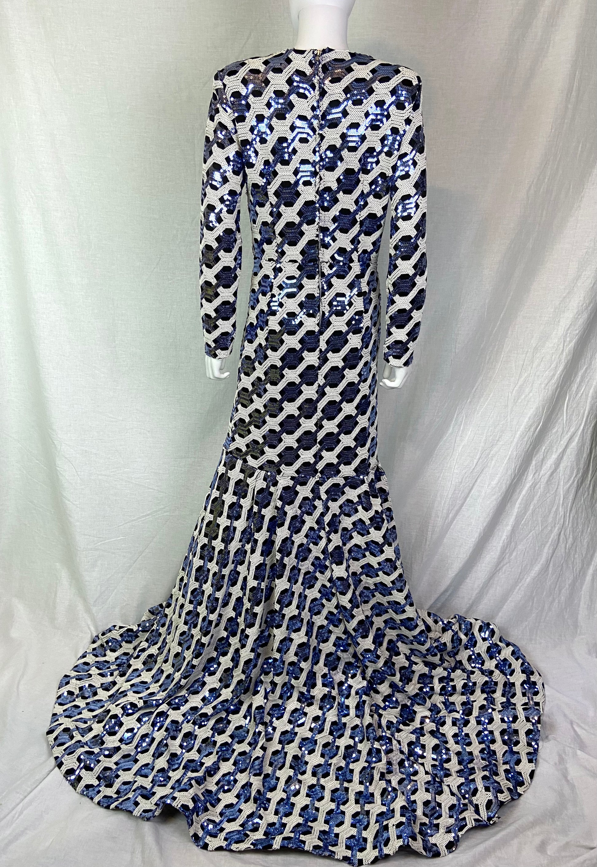 VINTAGE CUSTOM Blue White Black Sequin Mermaid Gown ABBY ESSIE STUDIOS