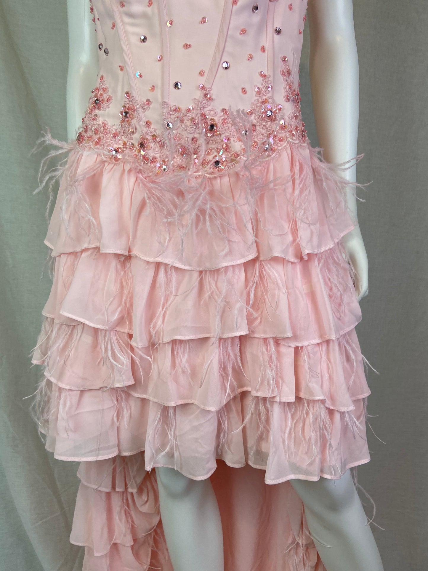 Pink Bustier Rhinestone Feather Boa Ruffle Gown ABBY ESSIE STUDIOS