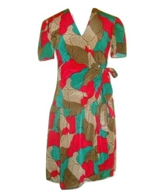 Vintage Tan Brown Green Short Sleeve 80s Foliage Wrap Dress Abby Essie