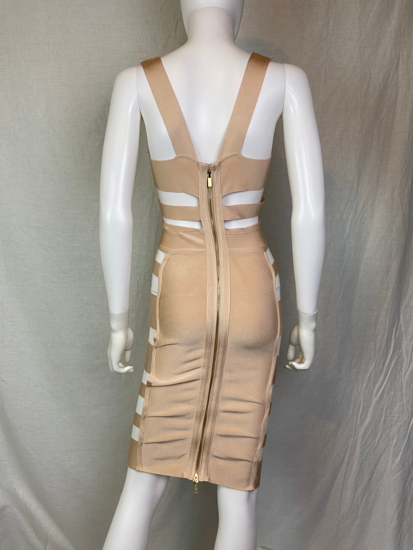 Herve Leger style Beige Plunge Cut Out Bandage Mini Dress