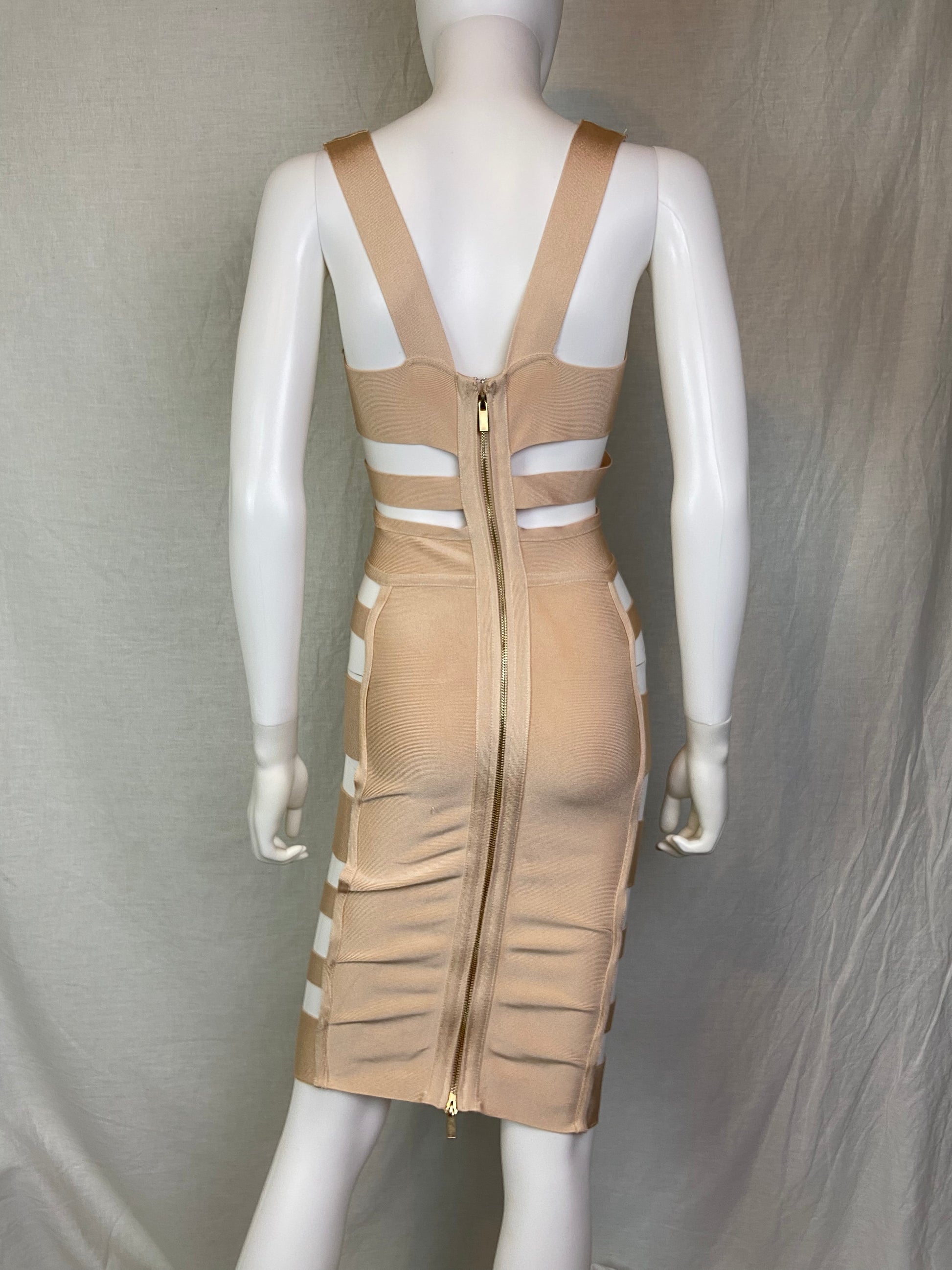 Herve Leger style Beige Plunge Cut Out Bandage Mini Dress ABBY ESSIE STUDIOS