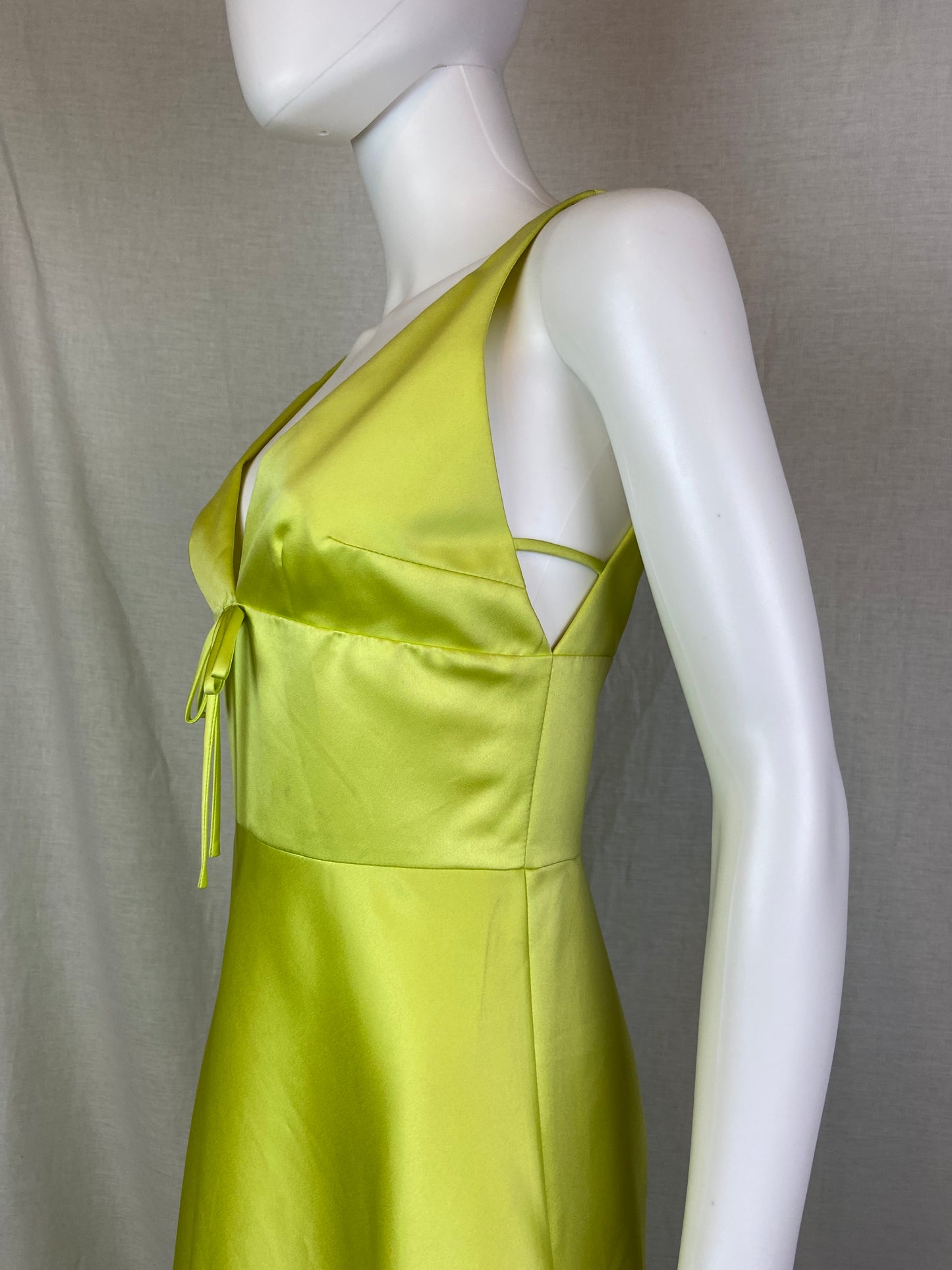 David Meister Lime Green Chartreuse Satin Plunge Dress ABBY ESSIE STUDIOS