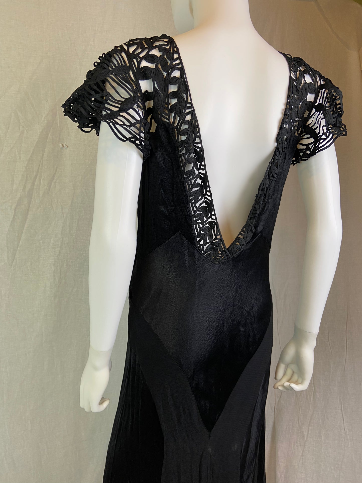 Antique Black Woven Lace Silk Bias Gown