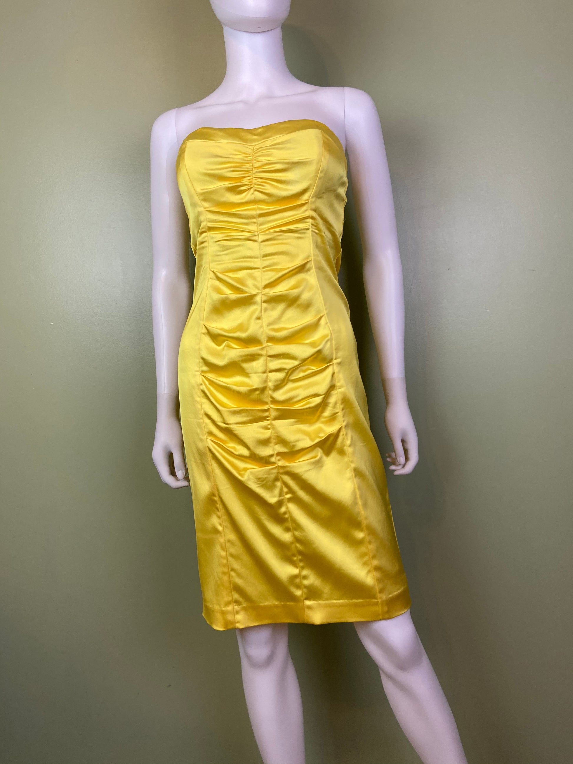 Cache Yellow Stretch Satin Ruche Corset Dress Abby Essie
