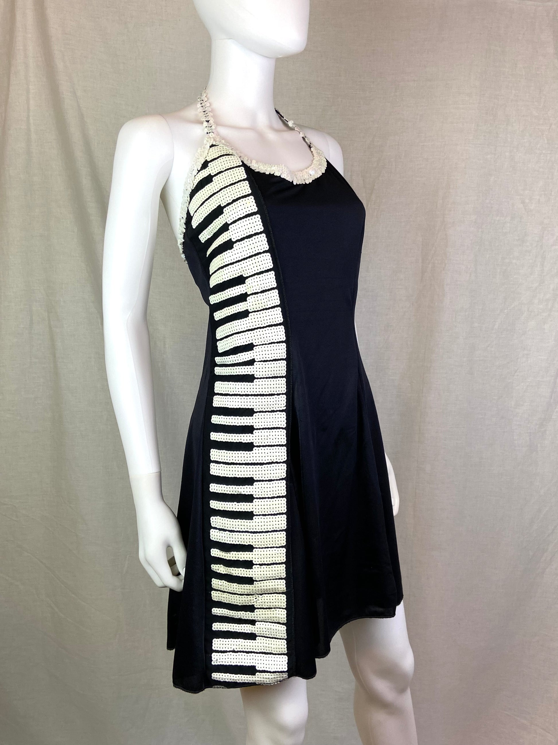 Vintage Sequin Piano Black White Halter Cocktail Costume Dress ABBY ESSIE STUDIOS