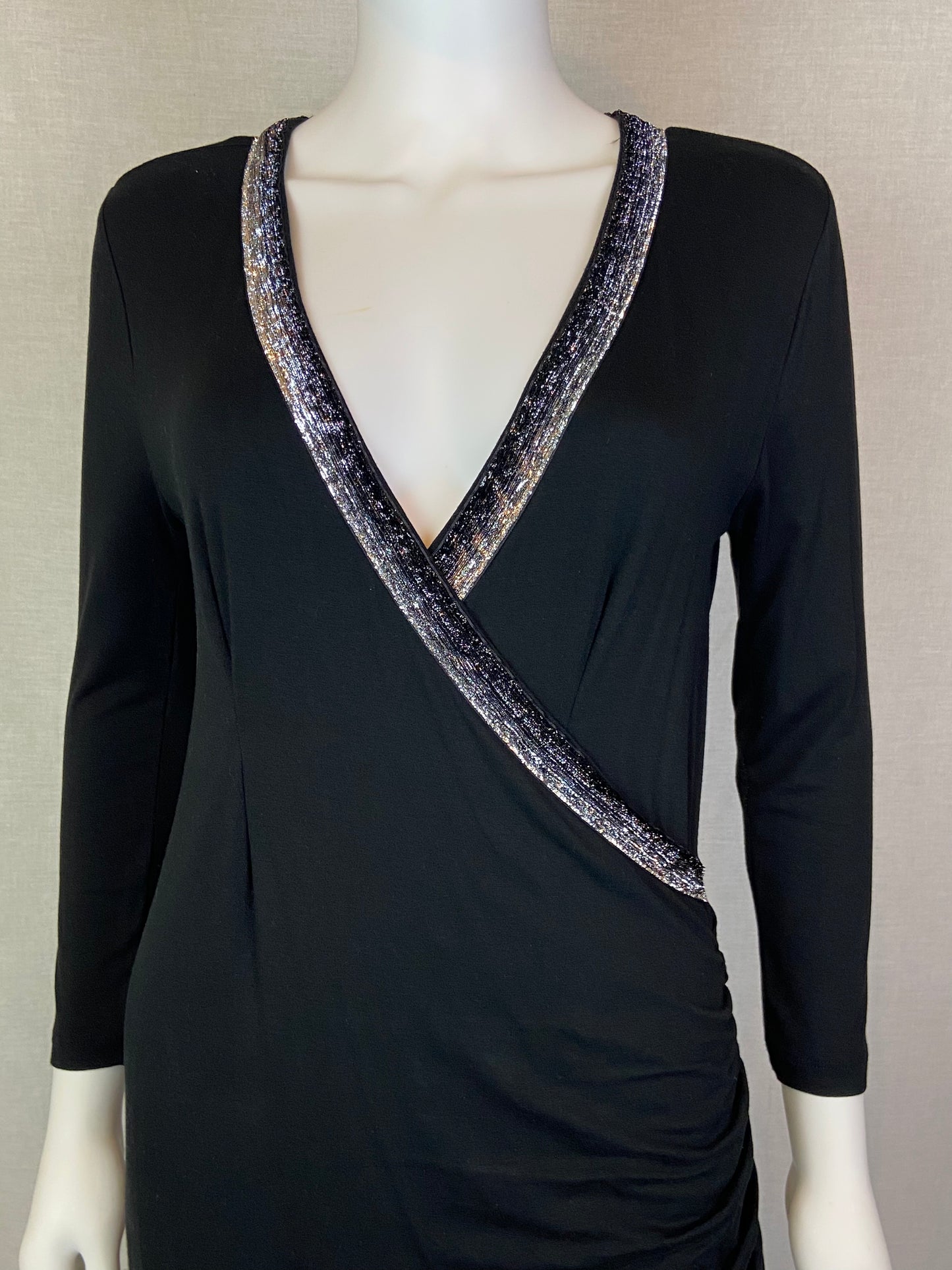 Banana Republic Black Silver Wrap Ruche Dress M ABBY ESSIE STUDIOS