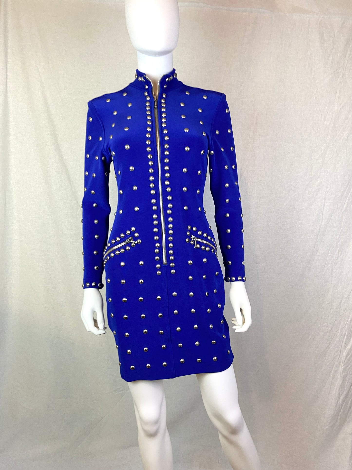 VINTAGE TADASHI ROYAL BLUE SILVER METAL STUDDED BODYCON DRESS ABBY ESSIE STUDIOS