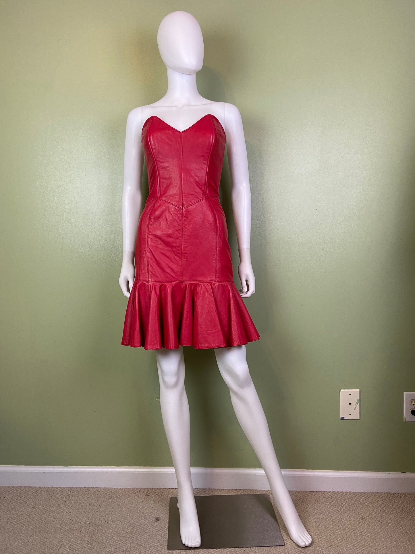 [SOLD] Vintage Michael Hoban Red Leather Bustier Ruffle Mini Dress