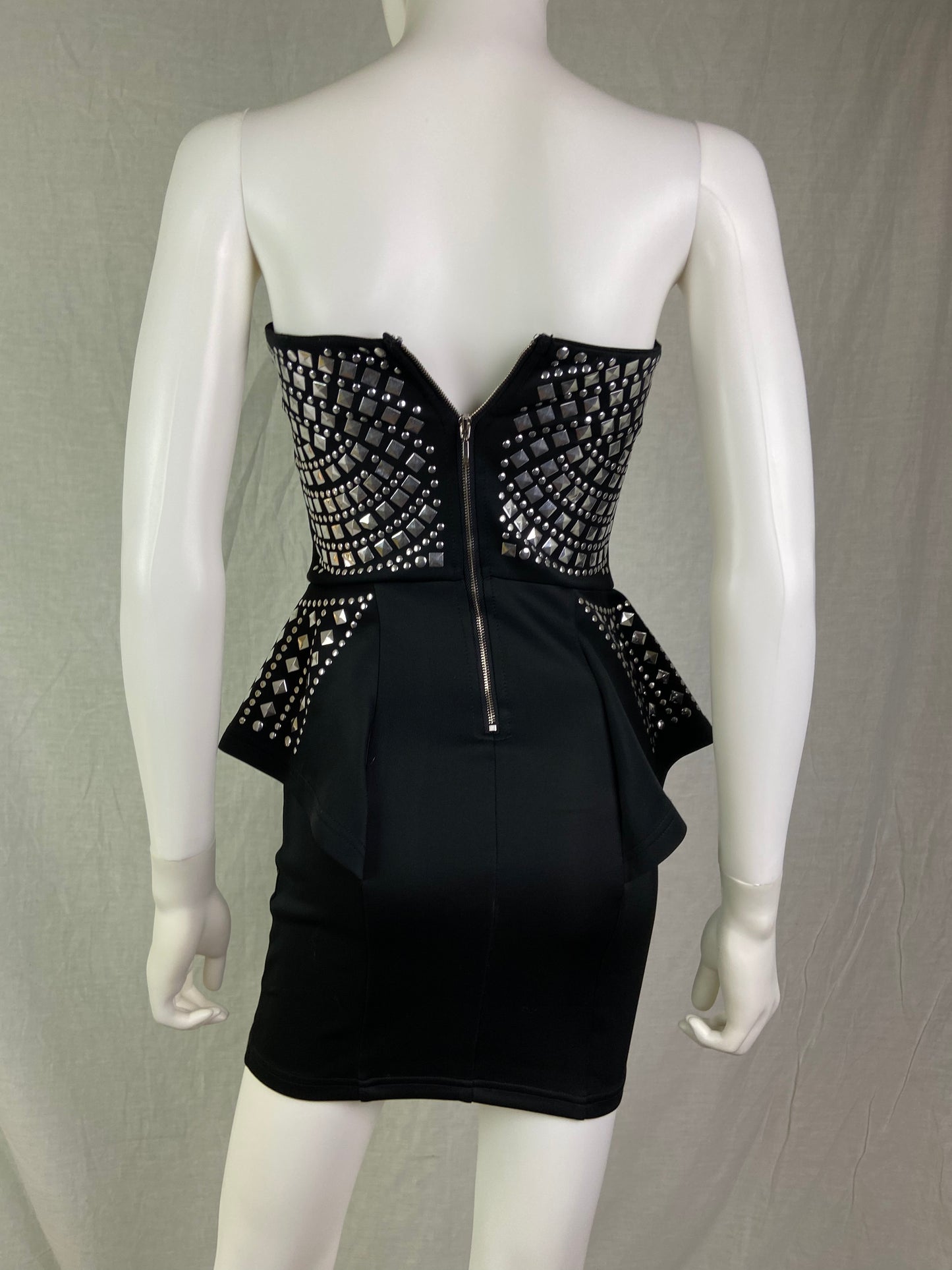 BEBE Black Silver Studded Peplum Cocktail Mjni Dress ABBY ESSIE STUDIOS