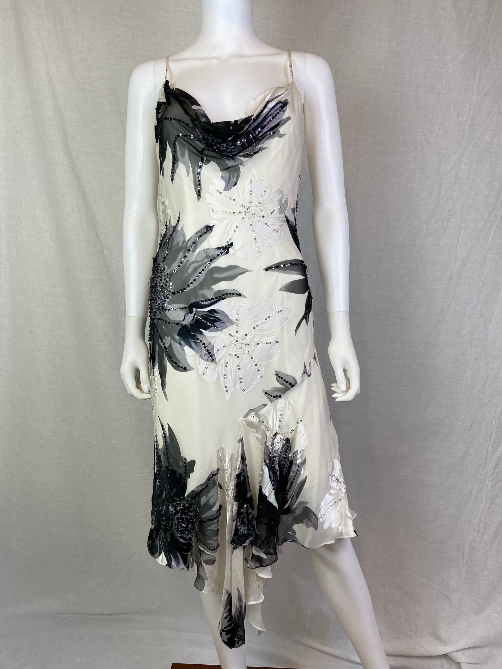 Cache Beaded White Black Floral Silk Gown ABBY ESSIE STUDIOS