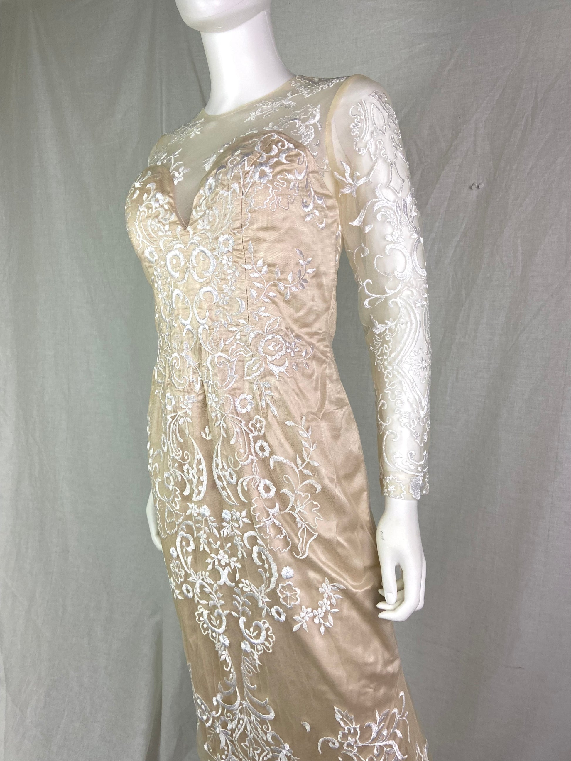 Vtg Champagne Cream Beige Embroidered Sheer Satin Wedding Gown ABBY ESSIE STUDIOS