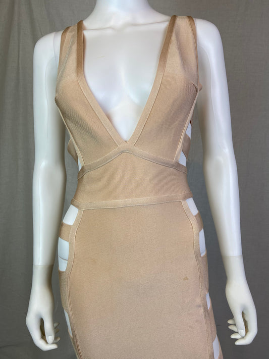 Herve Leger style Beige Plunge Cut Out Bandage Mini Dress ABBY ESSIE STUDIOS