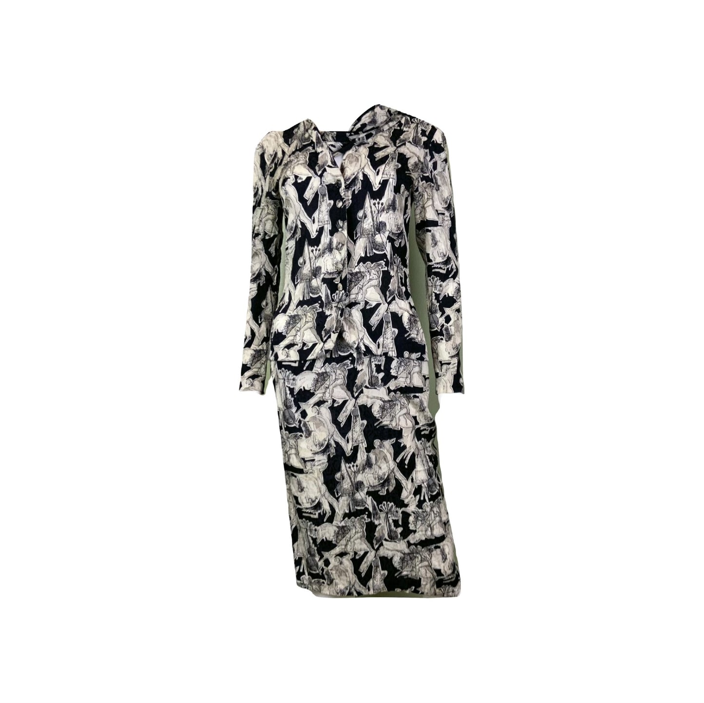 Vintage Black White Graphic Print Silk Peplum Dress