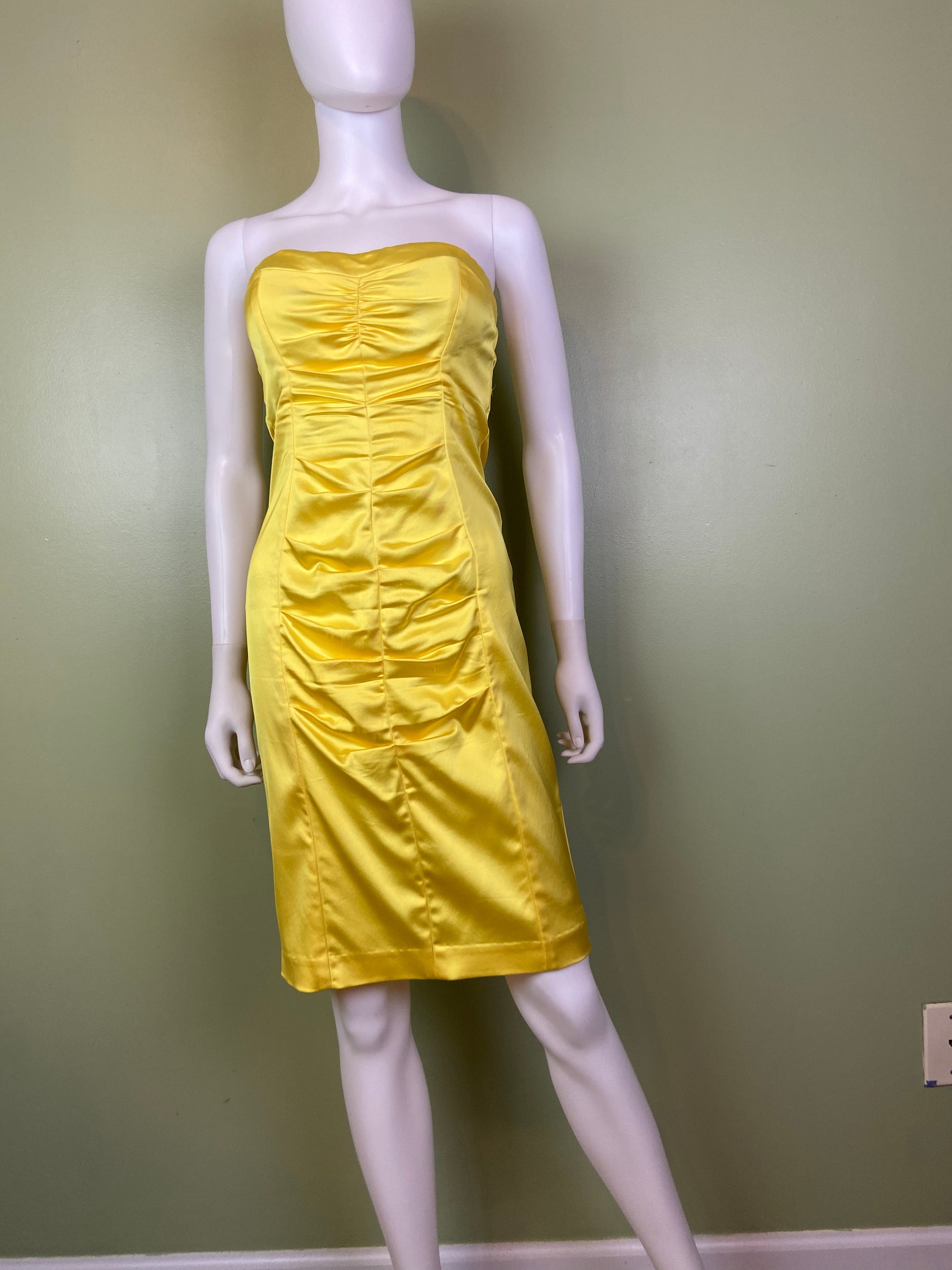 Cache Yellow Stretch Satin Ruche Corset Dress Abby Essie