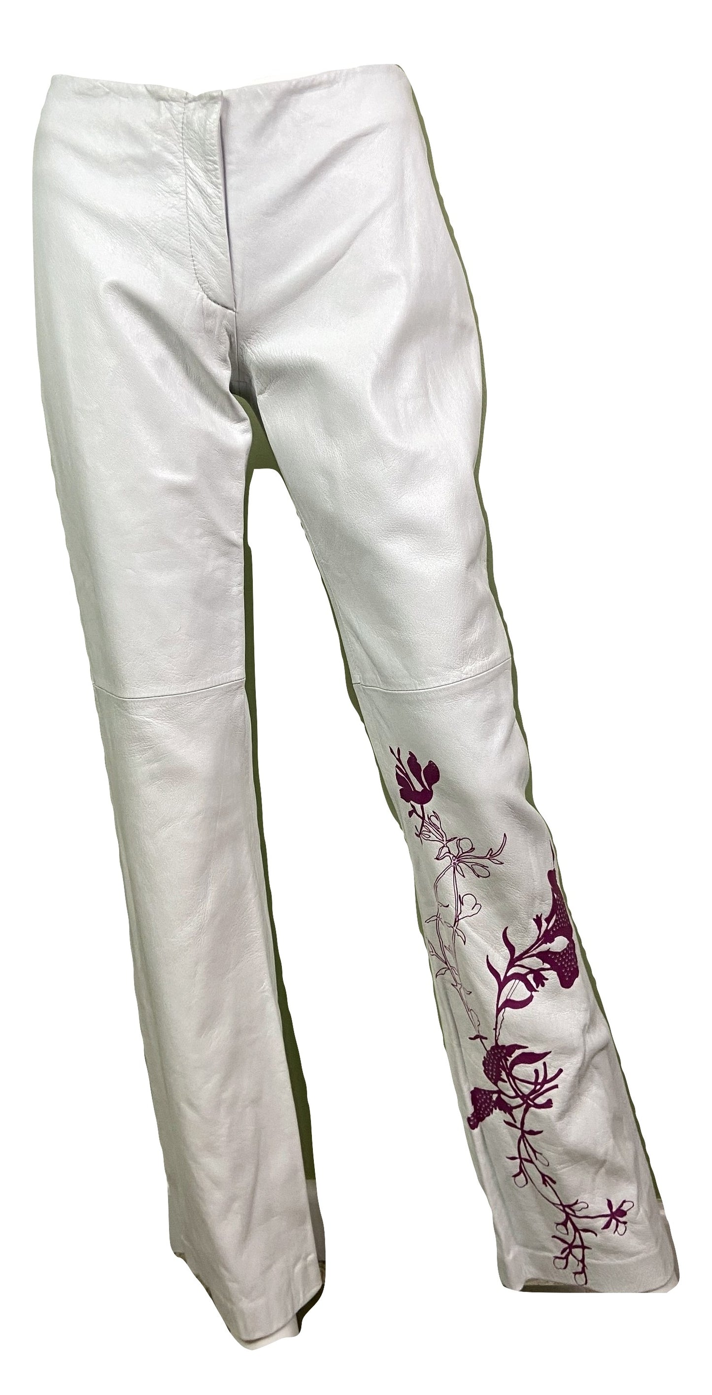 Vintage White Lambskin Leather Pink Graphic Print Pants