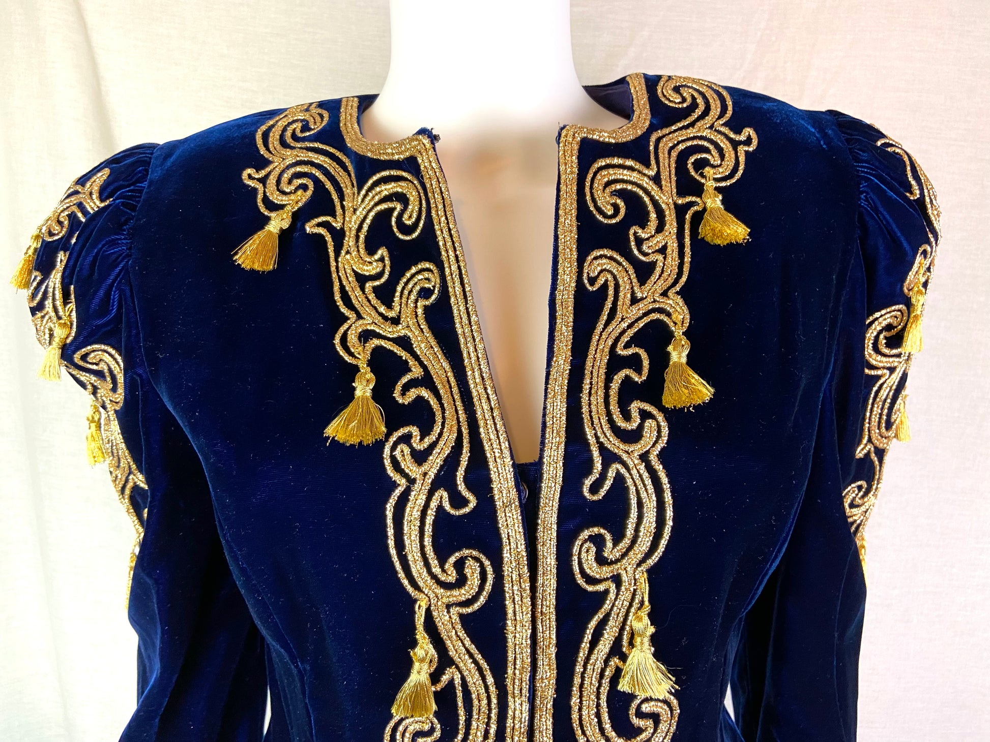 Farinae Navy Blue Velvet Gold Baroque Blazer Jacket ABBY ESSIE STUDIOS