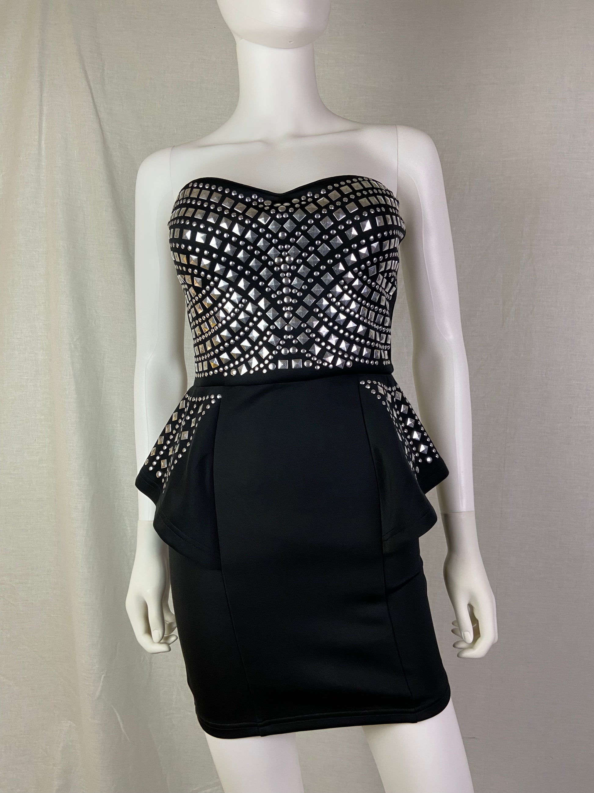 BEBE Black Silver Studded Peplum Cocktail Mjni Dress ABBY ESSIE STUDIOS