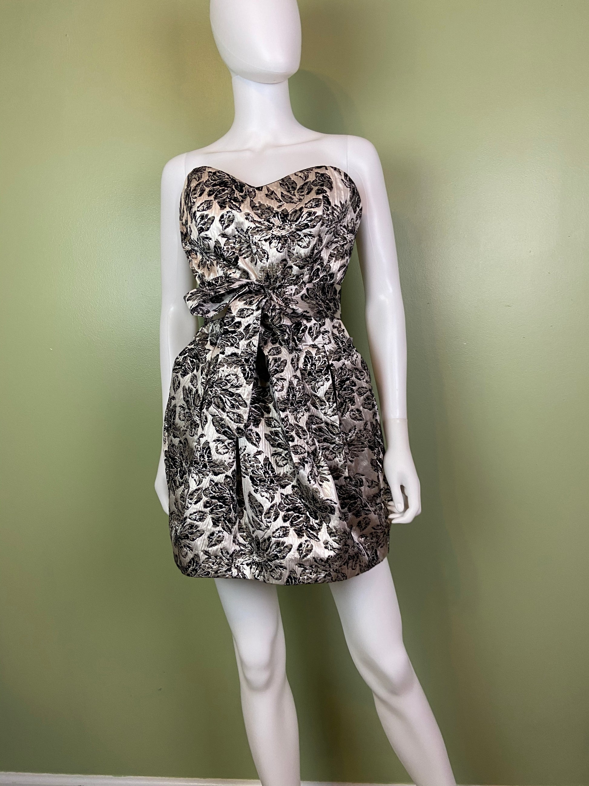 Silver Lame Black Floral Strapless Bustier Bubble Dress Abby Essie
