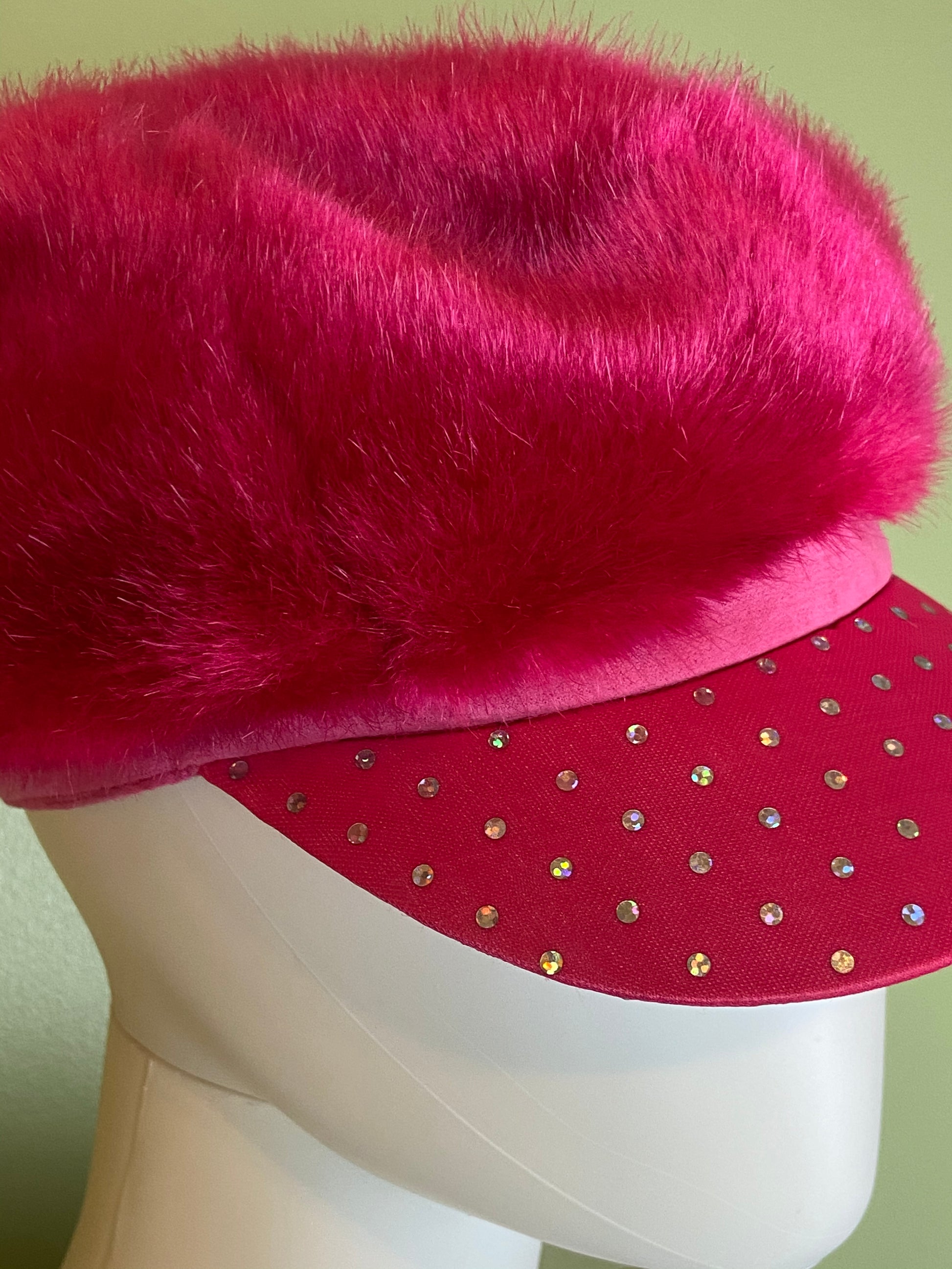 Hot Pink Faux Fur Bejeweled Rhinestone Cap Hat ABBY ESSIE Designer & Vintage