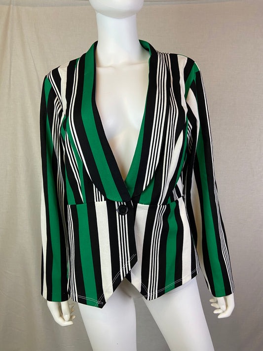 Ashley Stewart White Black Green Striped Blazer Jacket ABBY ESSIE STUDIOS