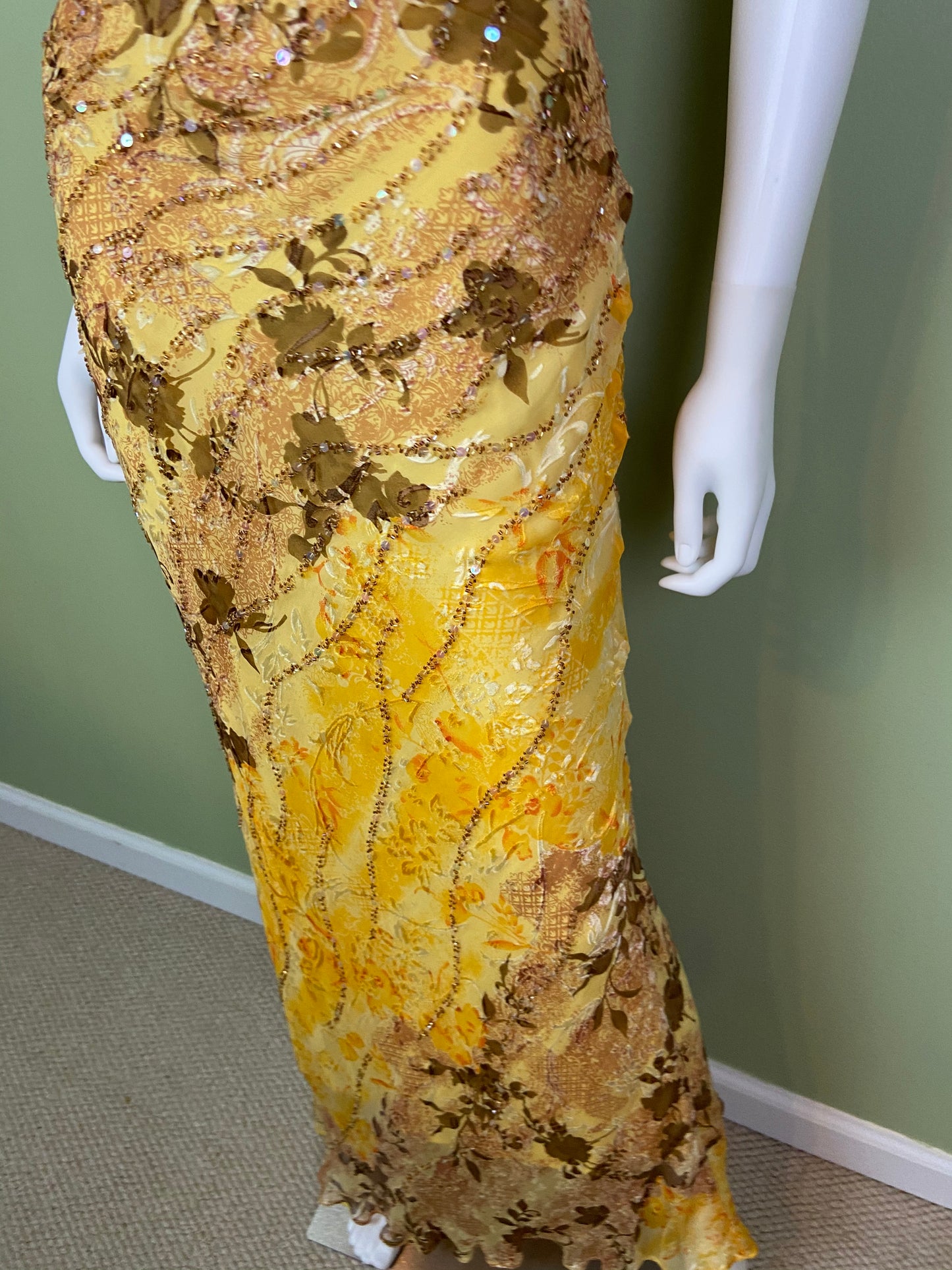 [SOLD] Ethereal Floral Festival Beaded Sequin Yellow Silk Maxi Dress