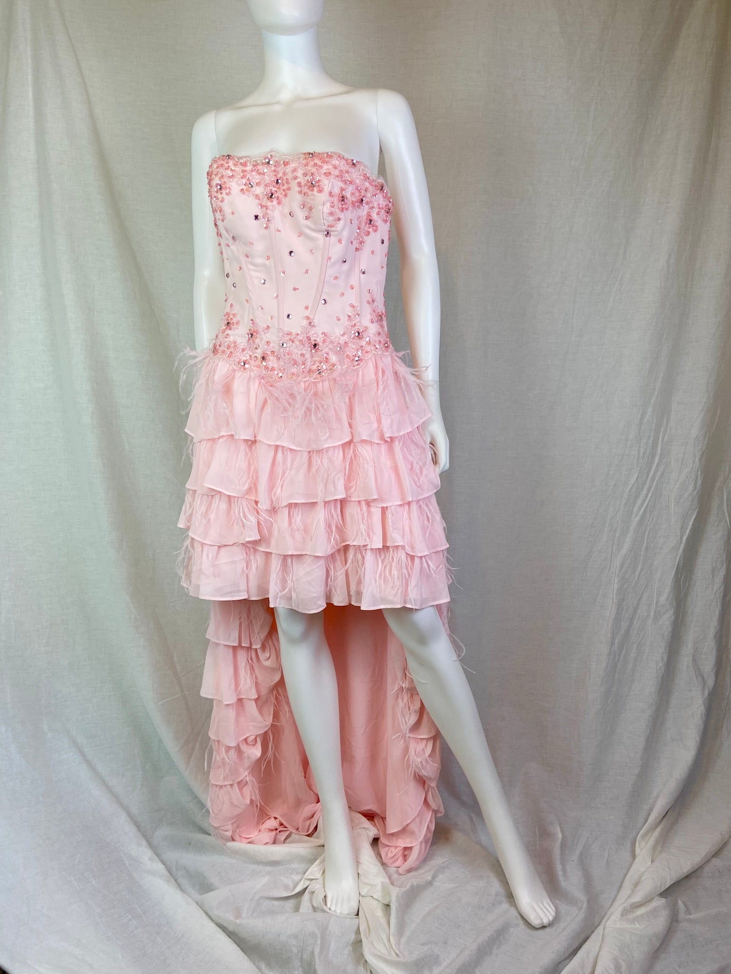 Pink Bustier Rhinestone Feather Boa Ruffle Gown