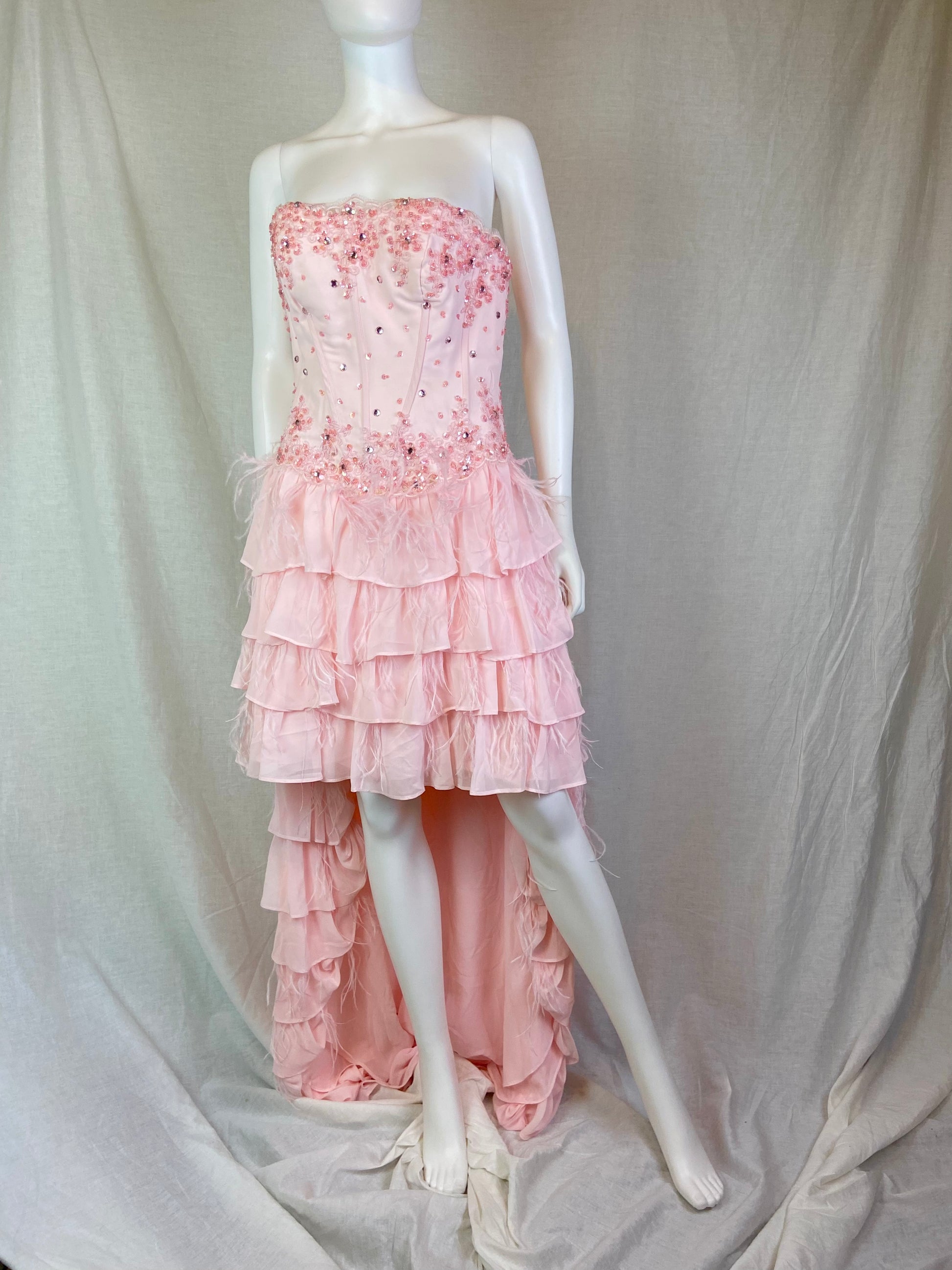 Pink Bustier Rhinestone Feather Boa Ruffle Gown ABBY ESSIE STUDIOS