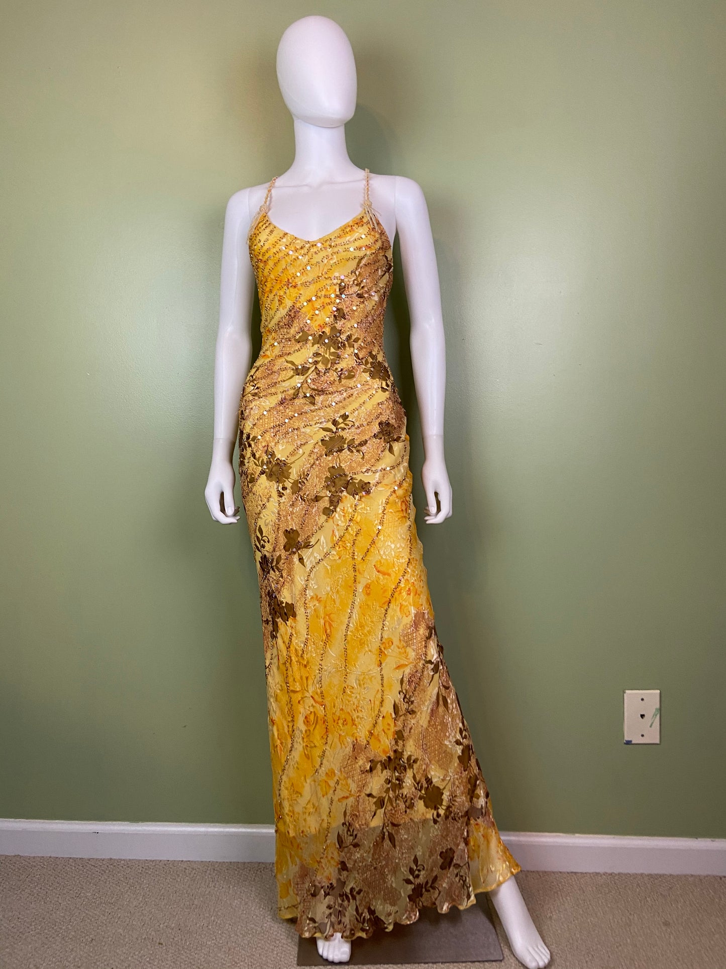 [SOLD] Ethereal Floral Festival Beaded Sequin Yellow Silk Maxi Dress