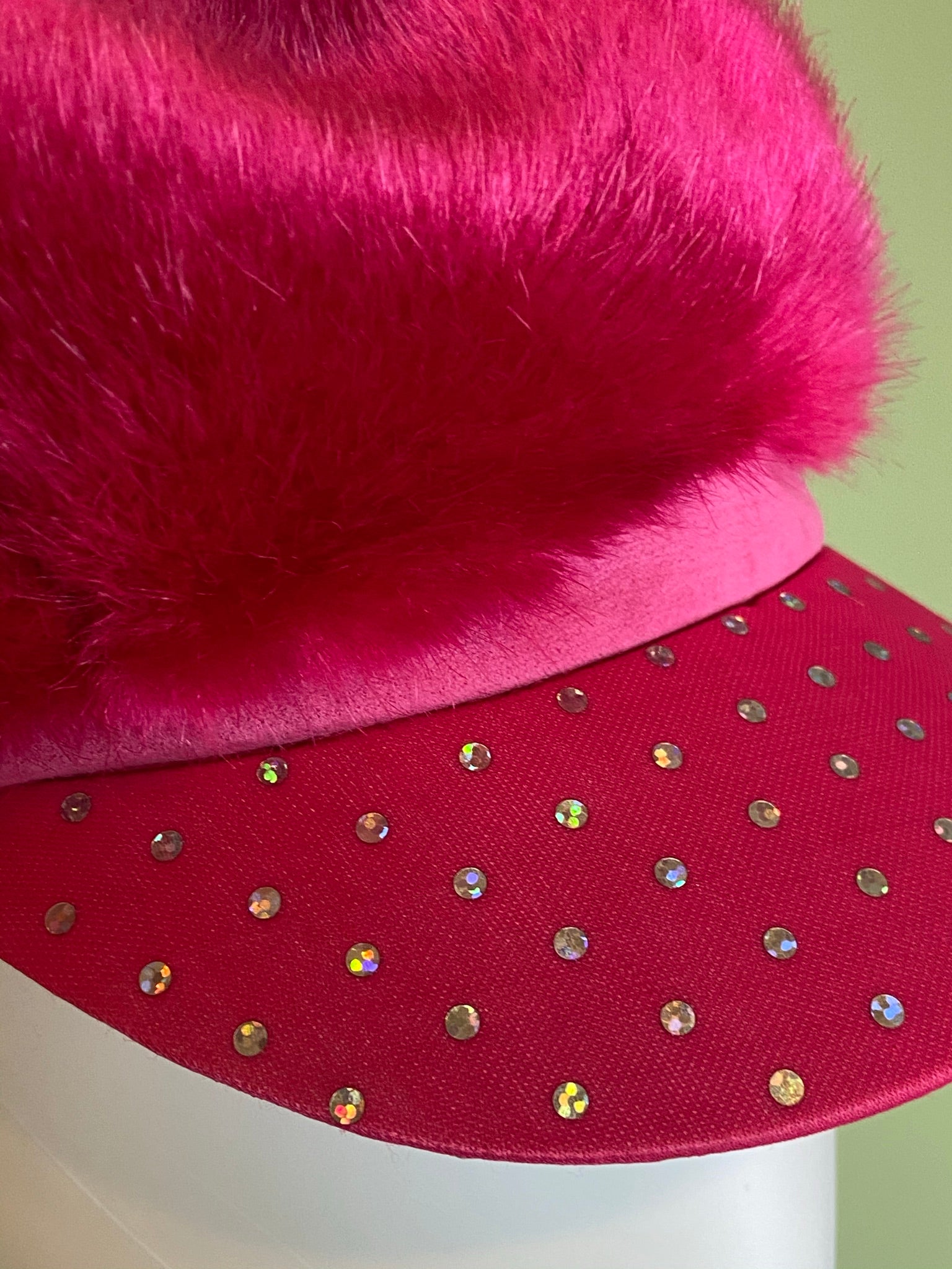 Hot Pink Faux Fur Bejeweled Rhinestone Cap Hat ABBY ESSIE Designer & Vintage