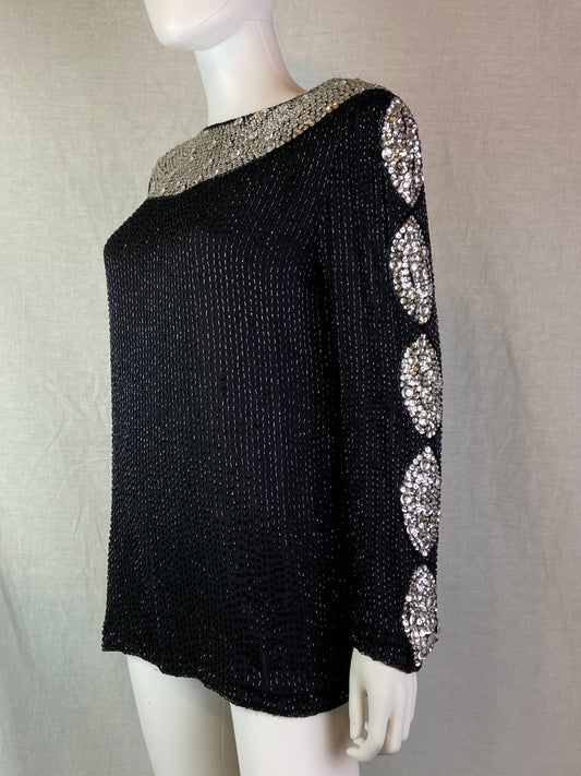 Oleg Cassini Black Silver Sequin Beaded Rhinestone Silk Top ABBY ESSIE STUDIOS