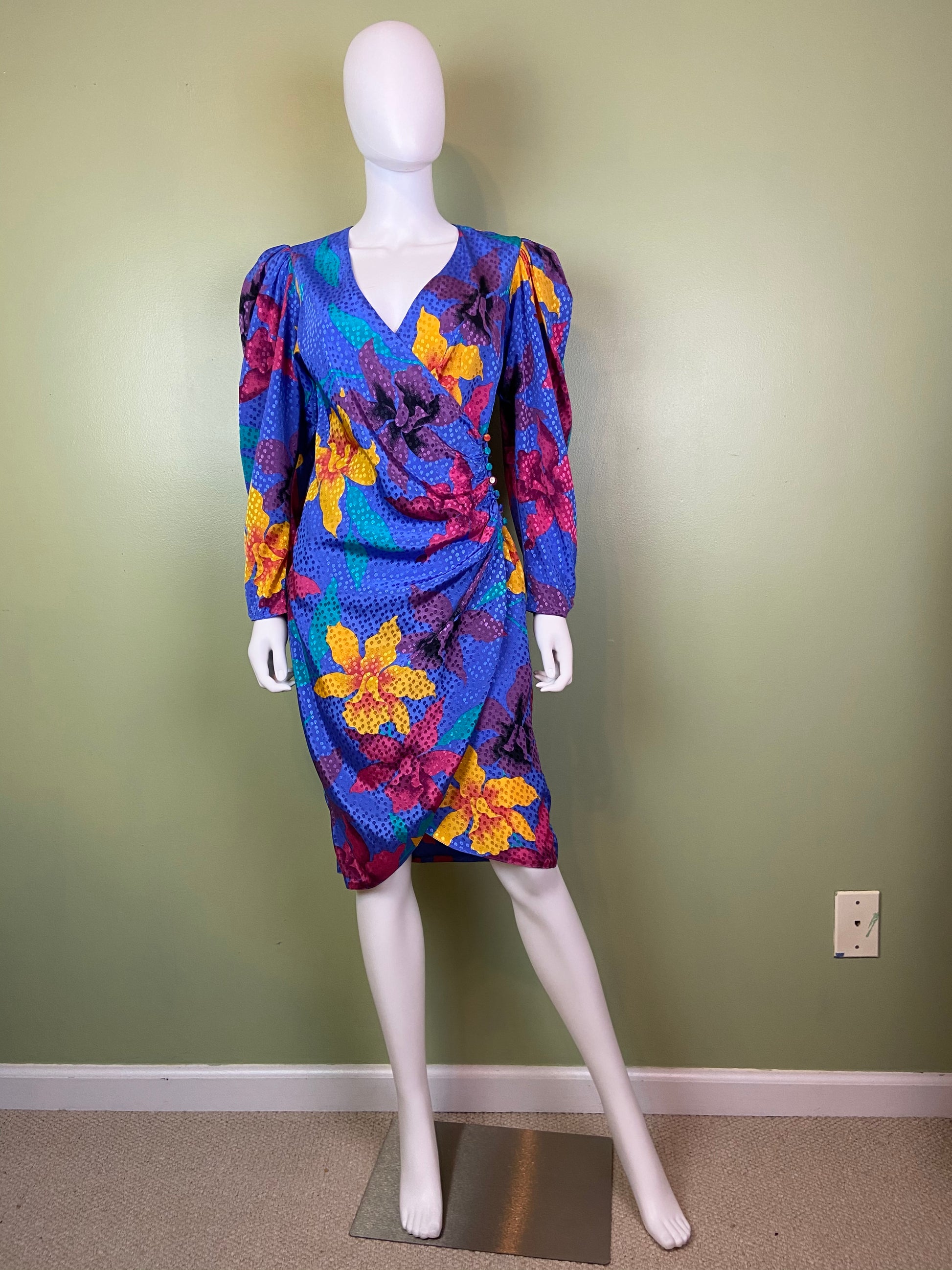 Vintage Silky Blue Floral Wrap Dress ABBY ESSIE Designer & Vintage