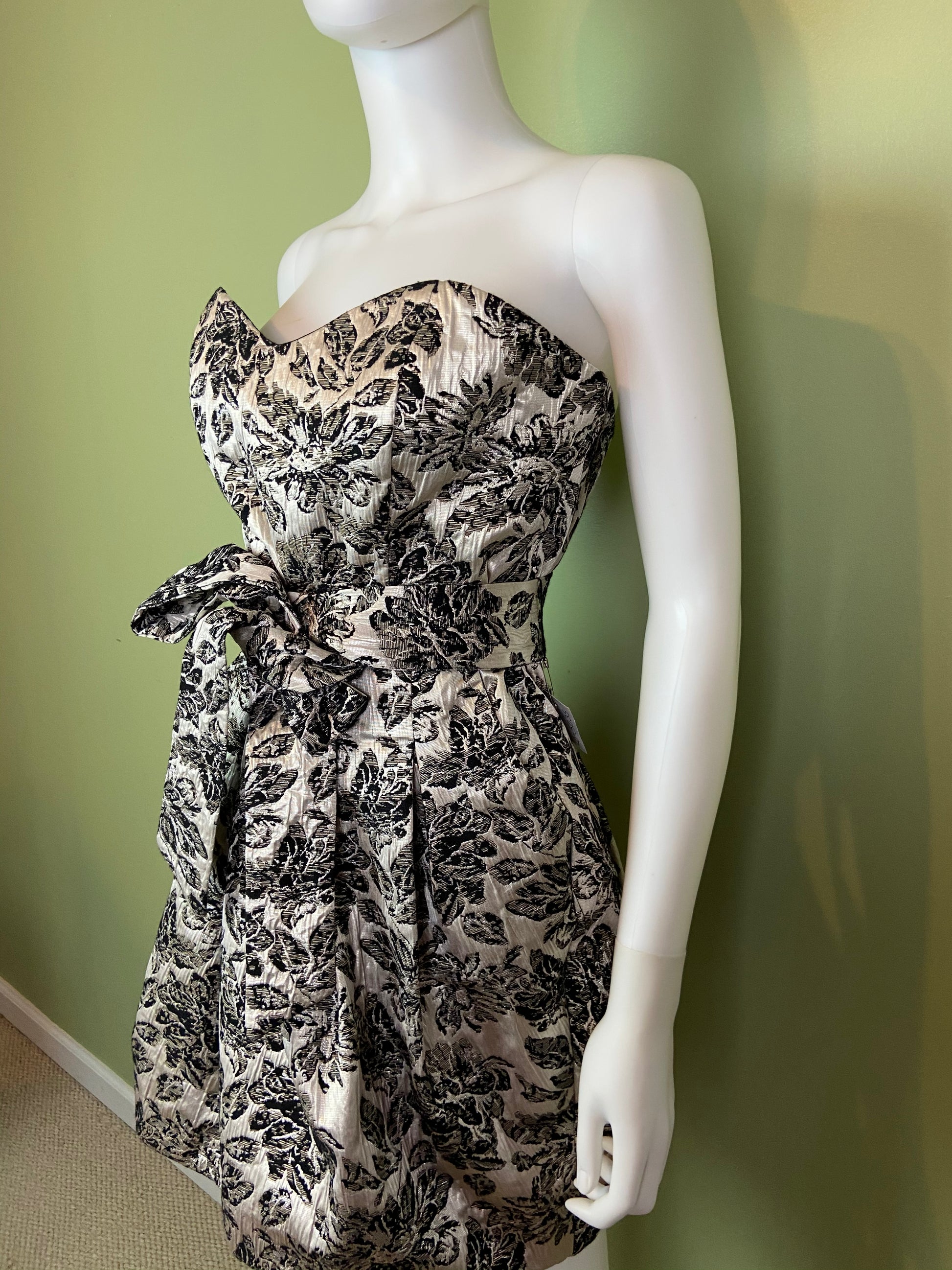 Silver Lame Black Floral Strapless Bustier Bubble Dress Abby Essie