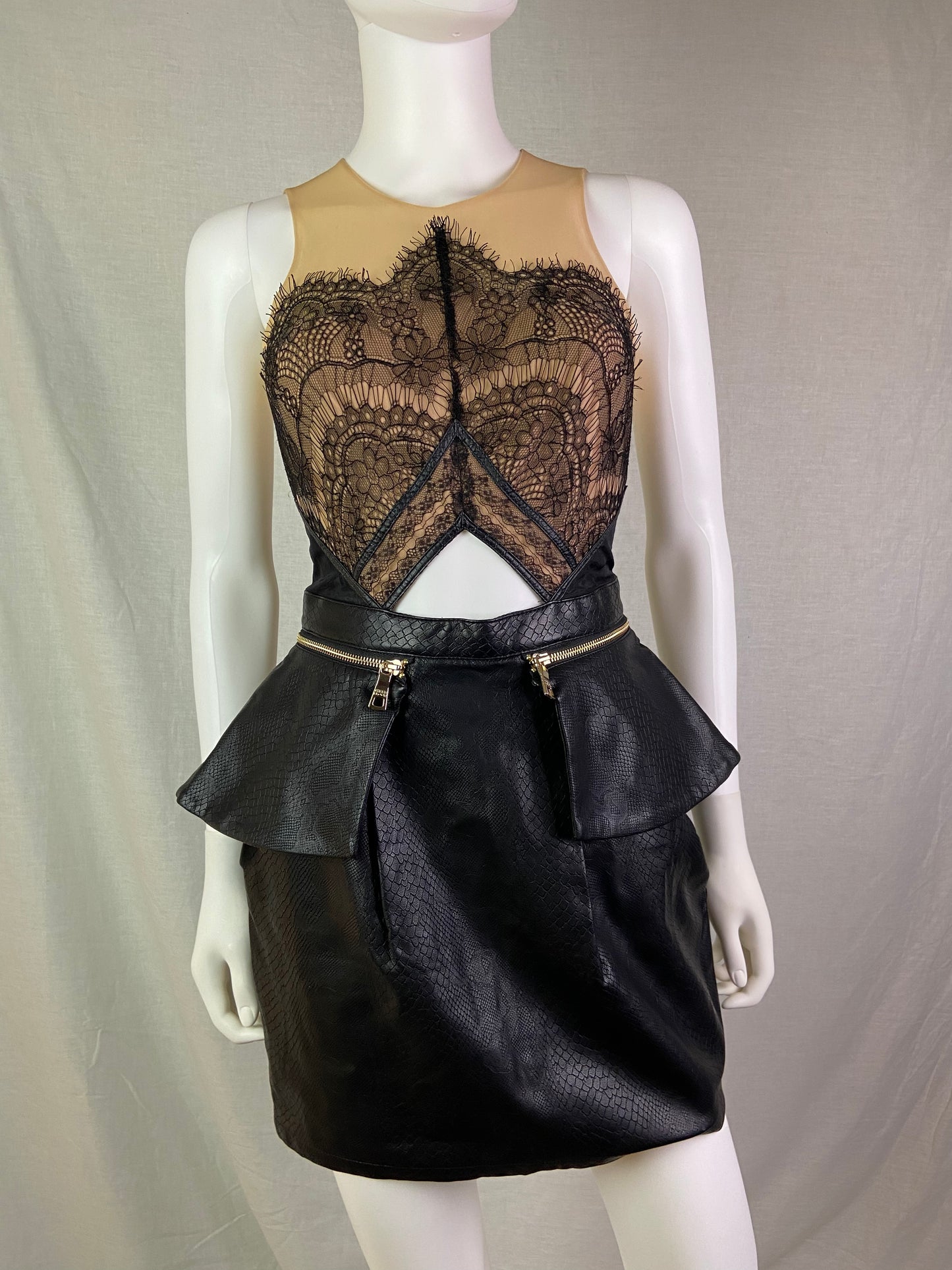 Three Floor Black Beige Lace Leather Peplum Mini Dress ABBY ESSIE STUDIOS