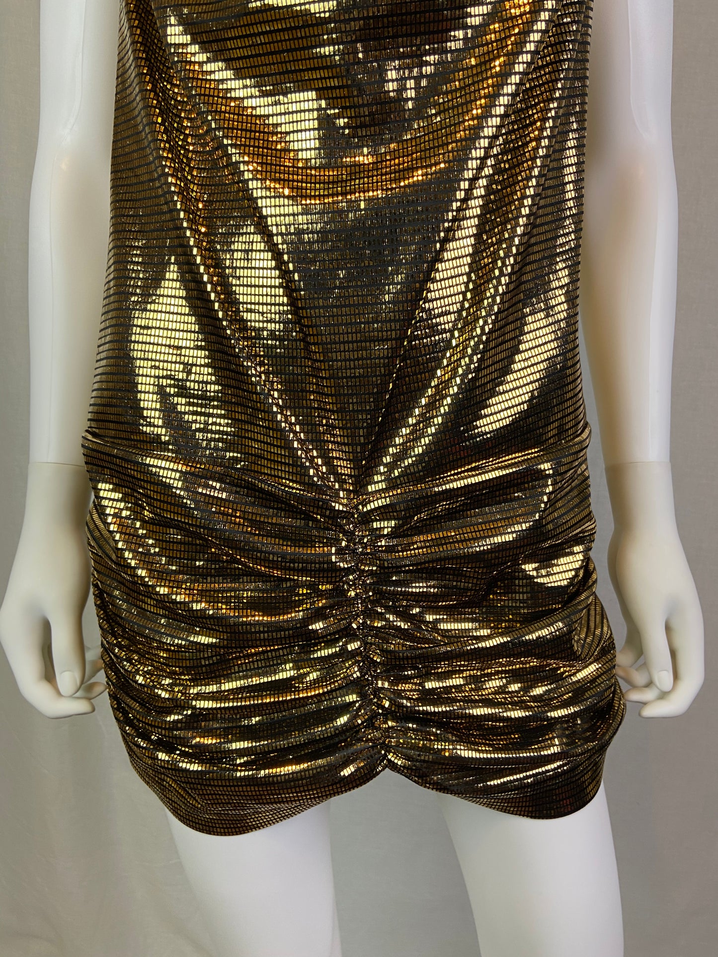 Vintage 80s Gold Lame Glitter Halter Ruche Cocktail Mini Dress