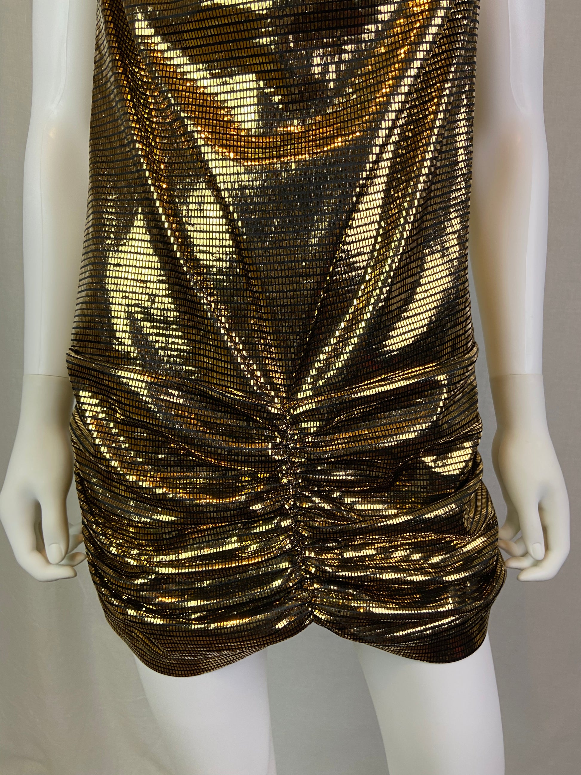 Vintage 80s Gold Lame Glitter Halter Ruche Cocktail Mini Dress ABBY ESSIE STUDIOS