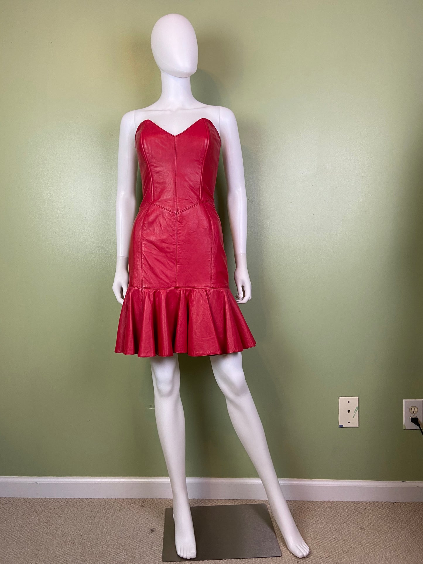 [SOLD] Vintage Michael Hoban Red Leather Bustier Ruffle Mini Dress