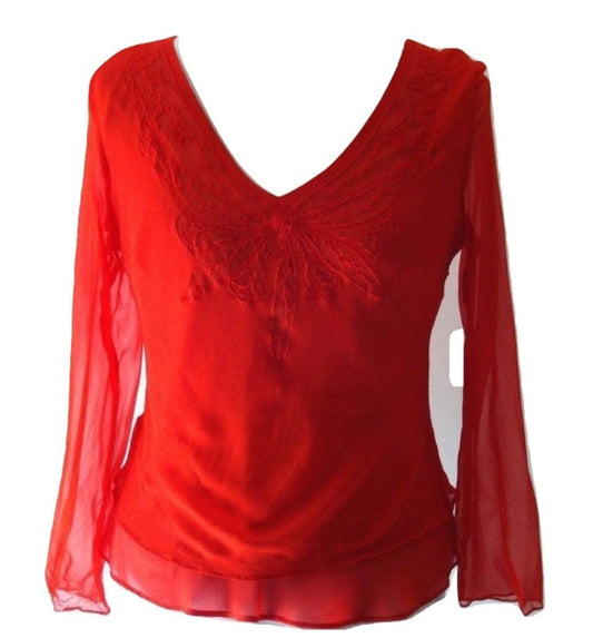 ICE RED SILK SHEER Low Cut V Neck BLOUSE CAREER COCKTAIL TOP Abby Essie