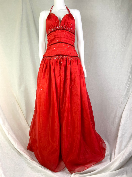 Beutifly Red Satin Rhinestone Ruche Gown ABBY ESSIE STUDIOS