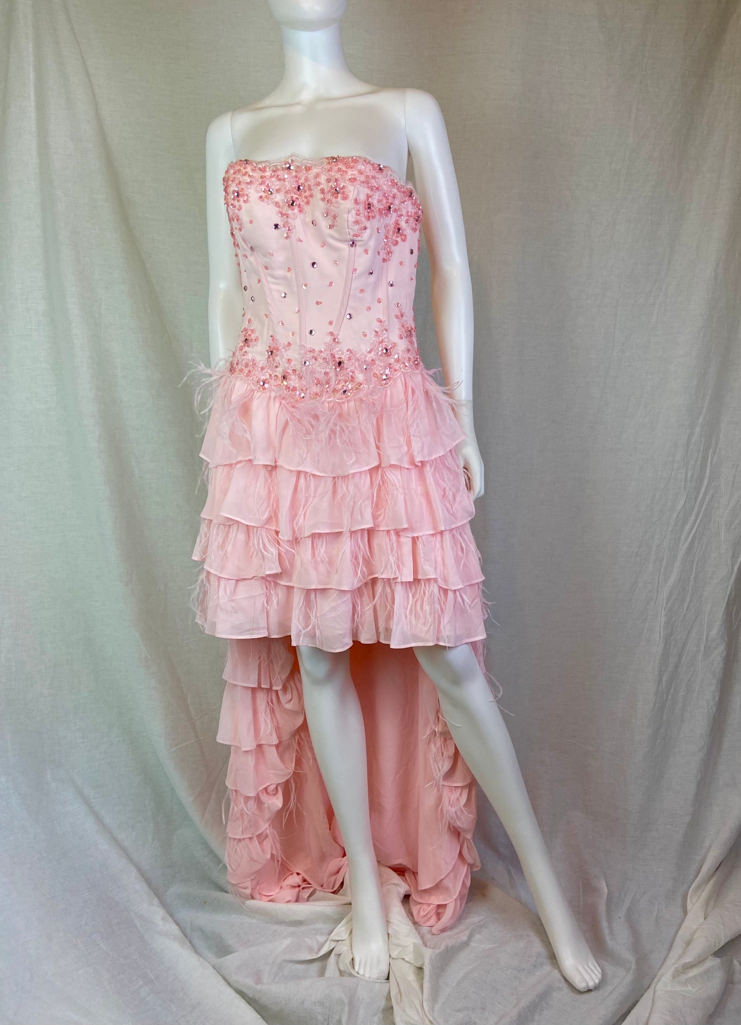 Pink Bustier Rhinestone Feather Boa Ruffle Gown