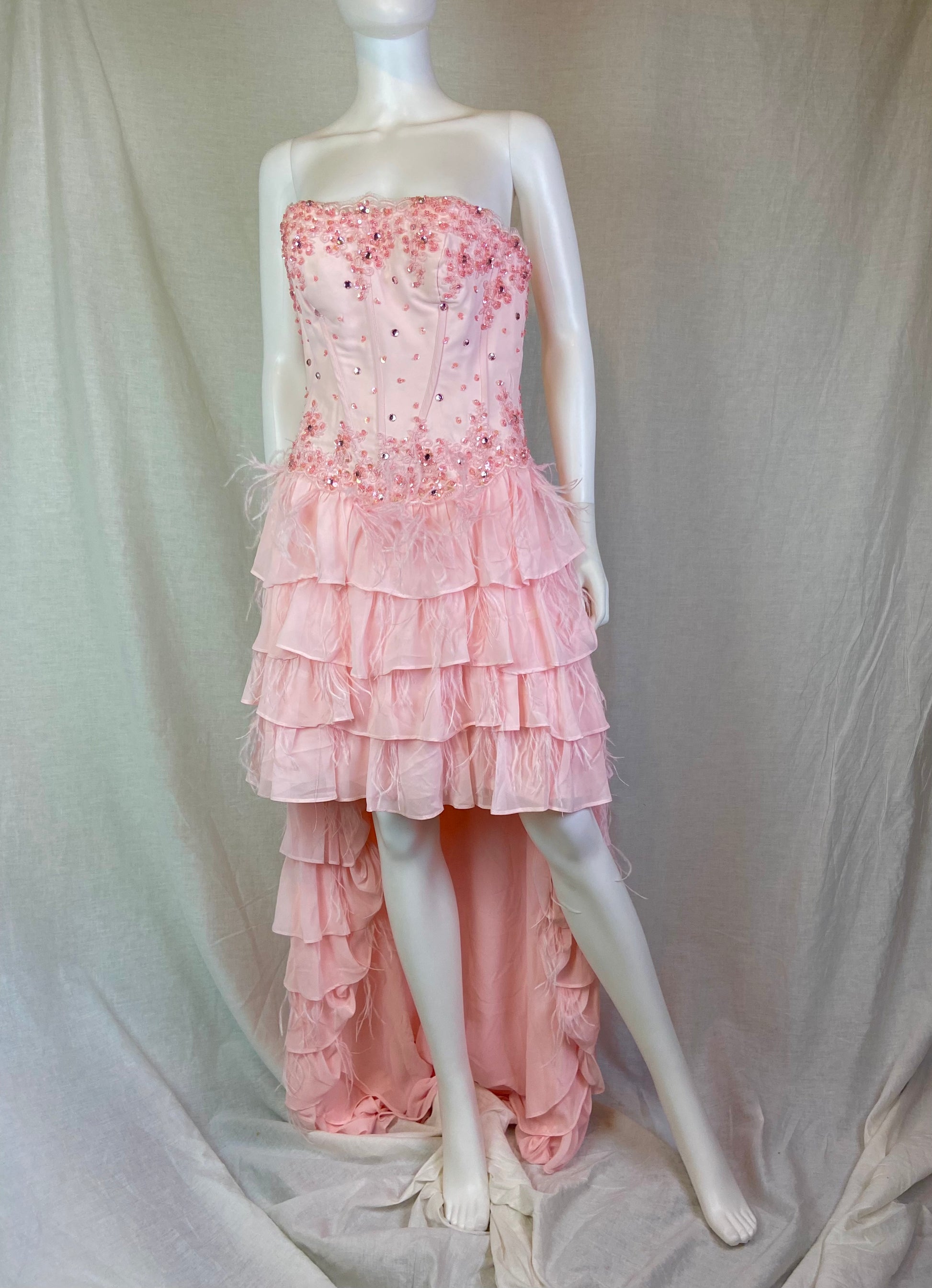 Pink Bustier Rhinestone Feather Boa Ruffle Gown ABBY ESSIE STUDIOS