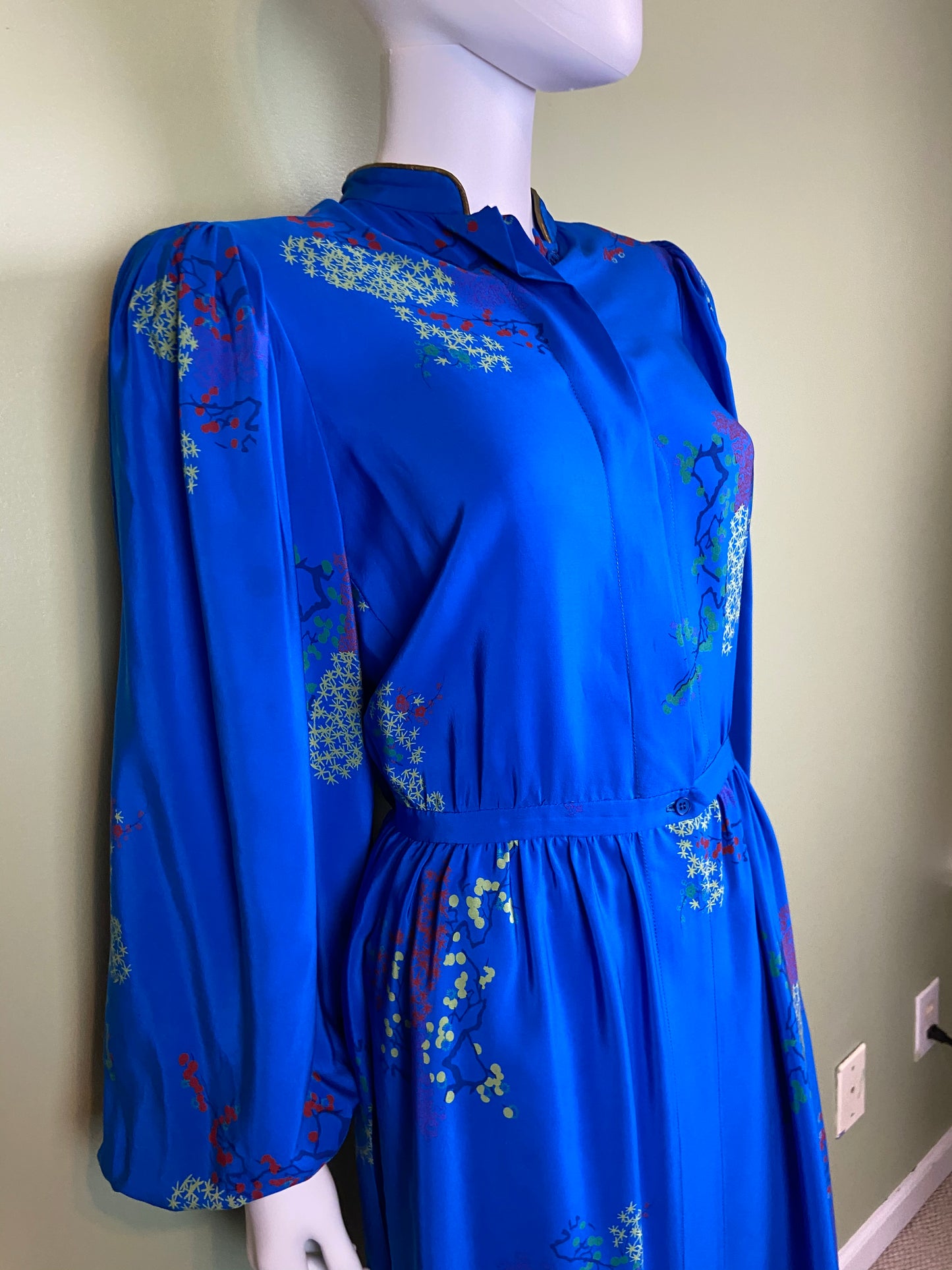 LANVIN Vintage Floral Royal Blue Silk Dress with Skirt