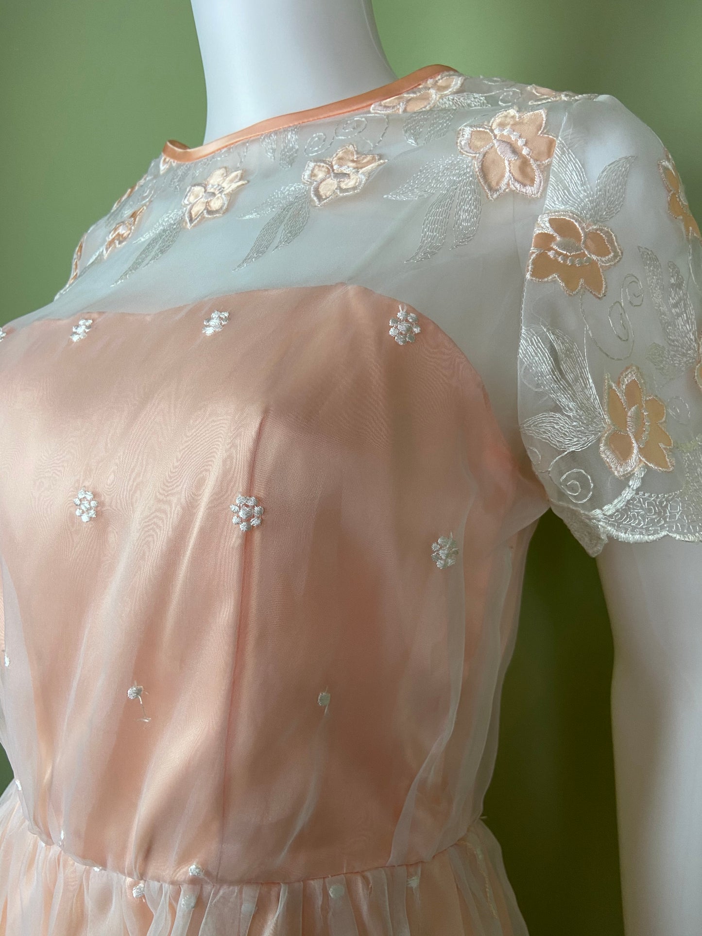 Vintage Victorian Bespoke Pink Peach Satin Sheer Embroidered Floral Lace Dress Gown