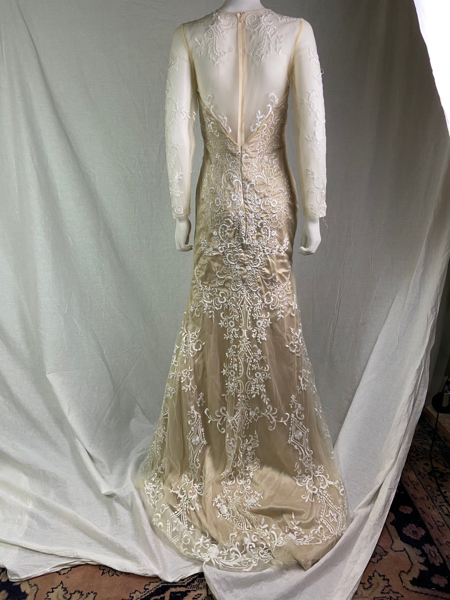 Vtg Champagne Cream Beige Embroidered Sheer Satin Wedding Gown ABBY ESSIE STUDIOS