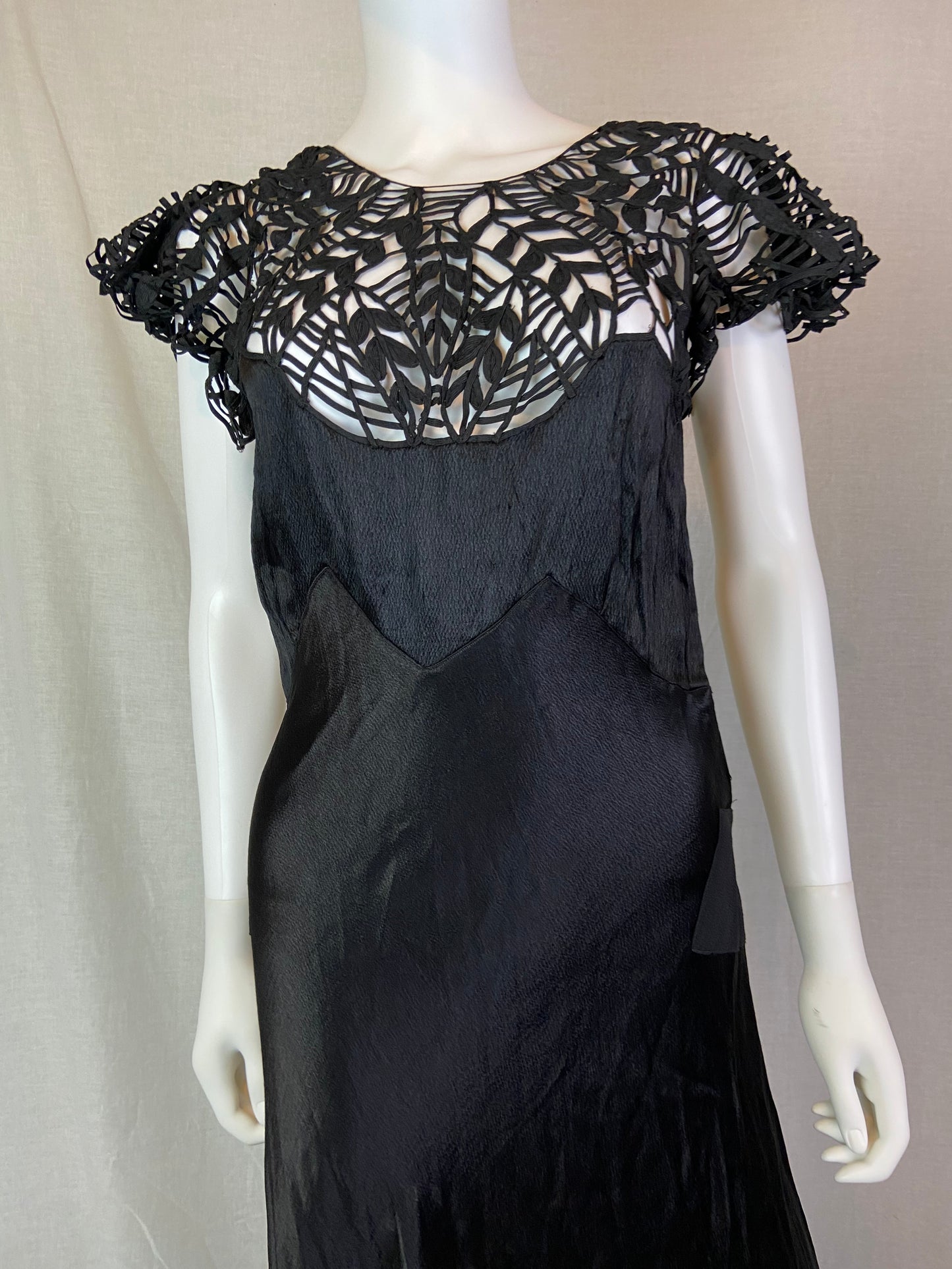 Antique Black Woven Lace Silk Bias Gown ABBY ESSIE STUDIOS