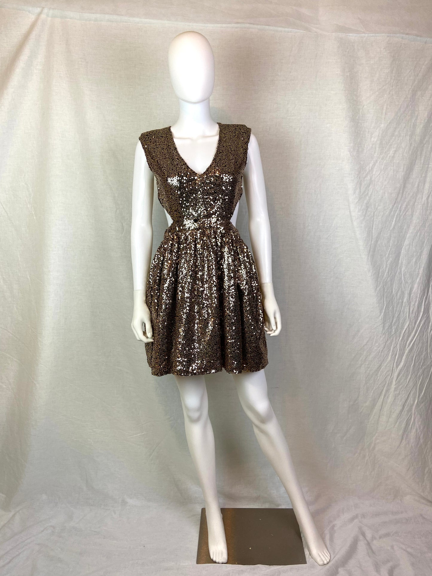 Gold Bronze Sequin Cut Out Dress ABBY ESSIE STUDIOS