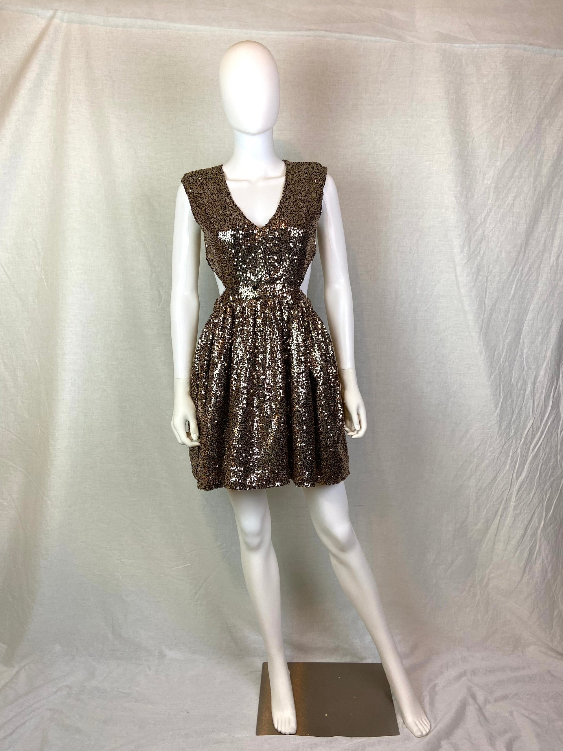 Gold Bronze Sequin Cut Out Dress ABBY ESSIE STUDIOS