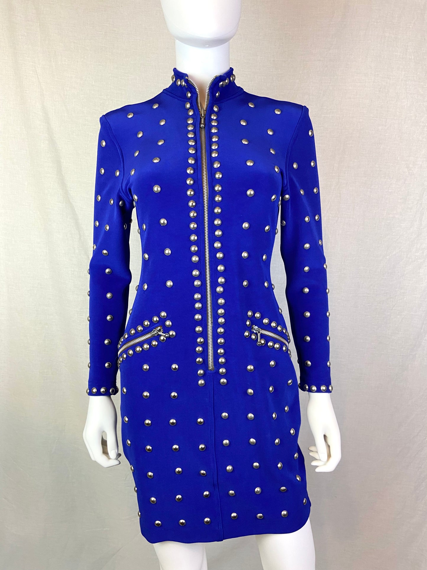 VINTAGE TADASHI ROYAL BLUE SILVER METAL STUDDED BODYCON DRESS