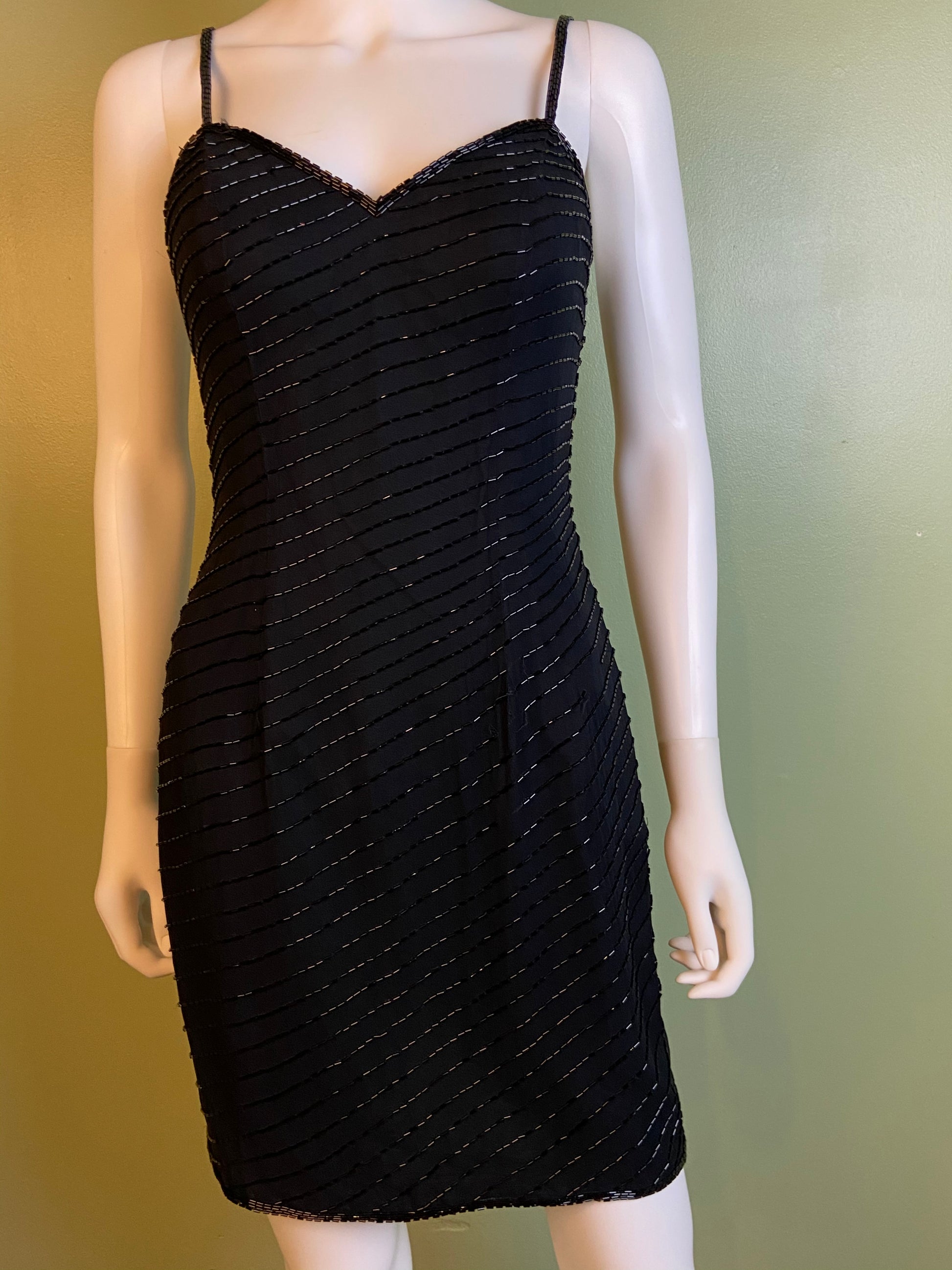 Vintage Black Beaded Sequin Silk Bustier Cocktail Dress Abby Essie