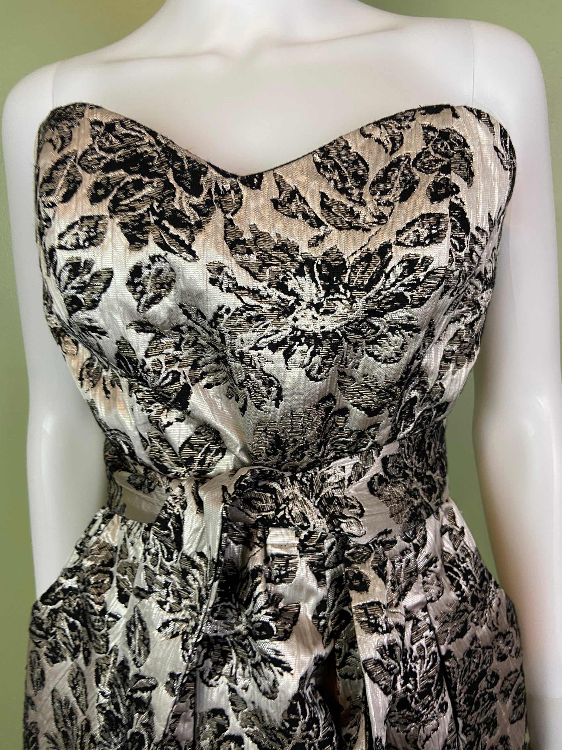 Silver Lame Black Floral Strapless Bustier Bubble Dress Abby Essie